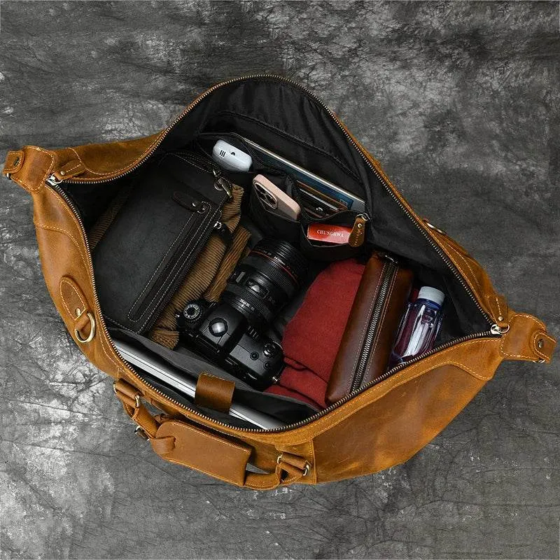 100% Genuine Crazy Horse Leather Travel Duffel Bag Rivet Design