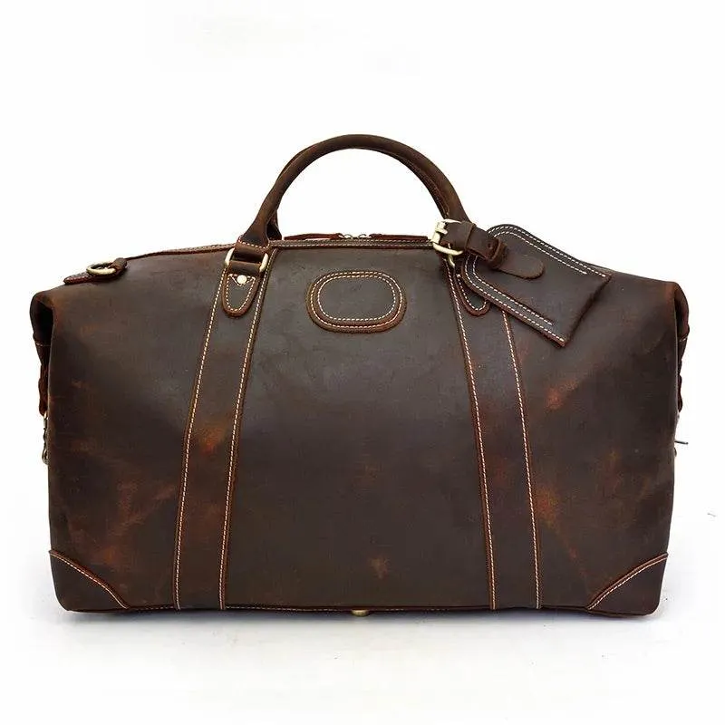 100% Genuine Crazy Horse Leather Travel Duffel Bag Rivet Design