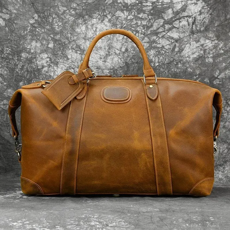 100% Genuine Crazy Horse Leather Travel Duffel Bag Rivet Design