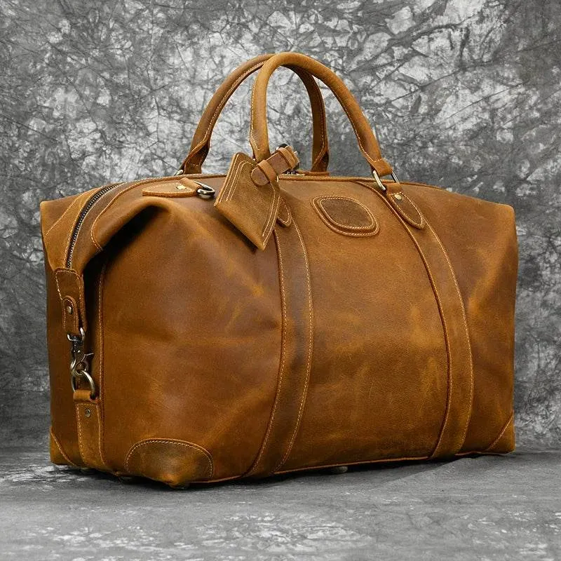 100% Genuine Crazy Horse Leather Travel Duffel Bag Rivet Design