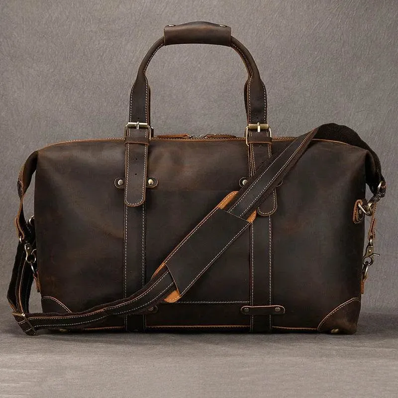 100% Genuine Crazy Horse Leather Travel Duffel Bag Rivet Design