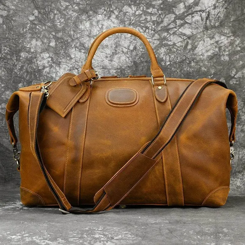 100% Genuine Crazy Horse Leather Travel Duffel Bag Rivet Design