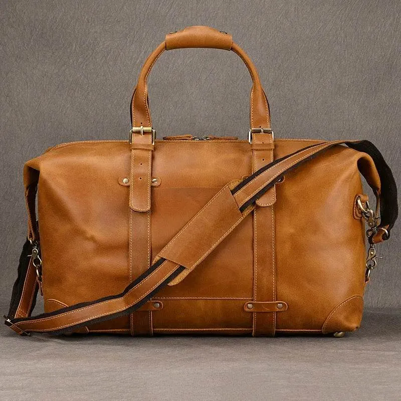 100% Genuine Crazy Horse Leather Travel Duffel Bag Rivet Design