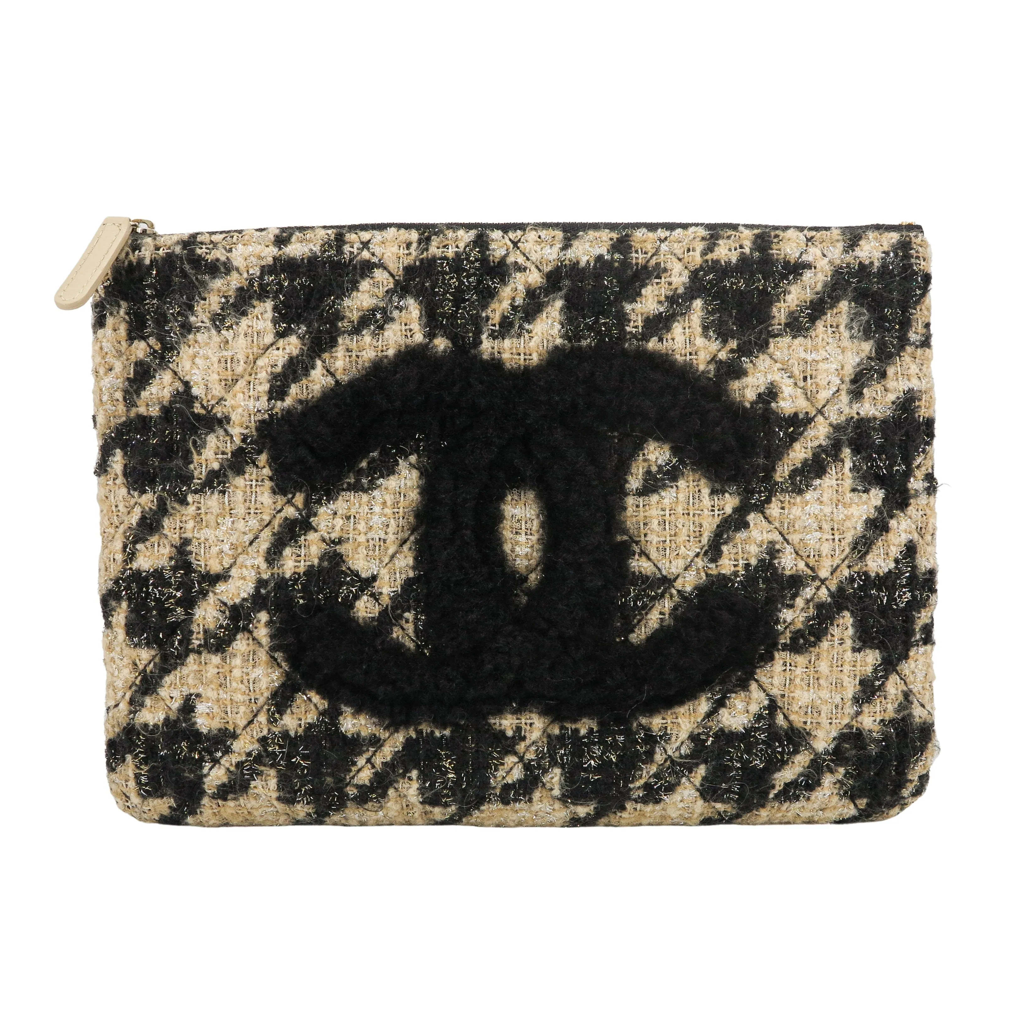 19K Beige Houndstooth Tweed CC Pouch Clutch Medium O Case