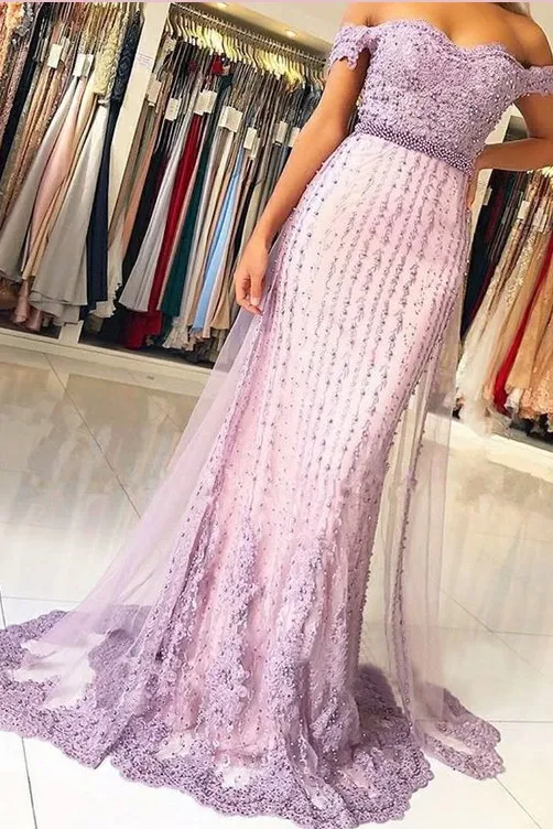 A-Line Off-the-Shoulder Tulle Long Prom Dress With Beadings, Evening Dress CMS211164