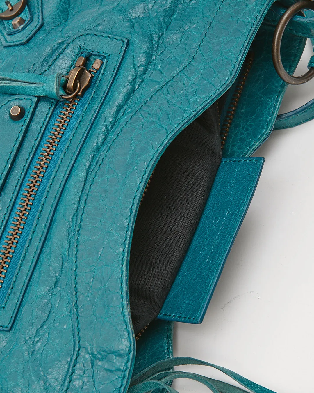 Balenciaga Teal Blue Crinkled Leather Motocross Giant 12 Hip Bag