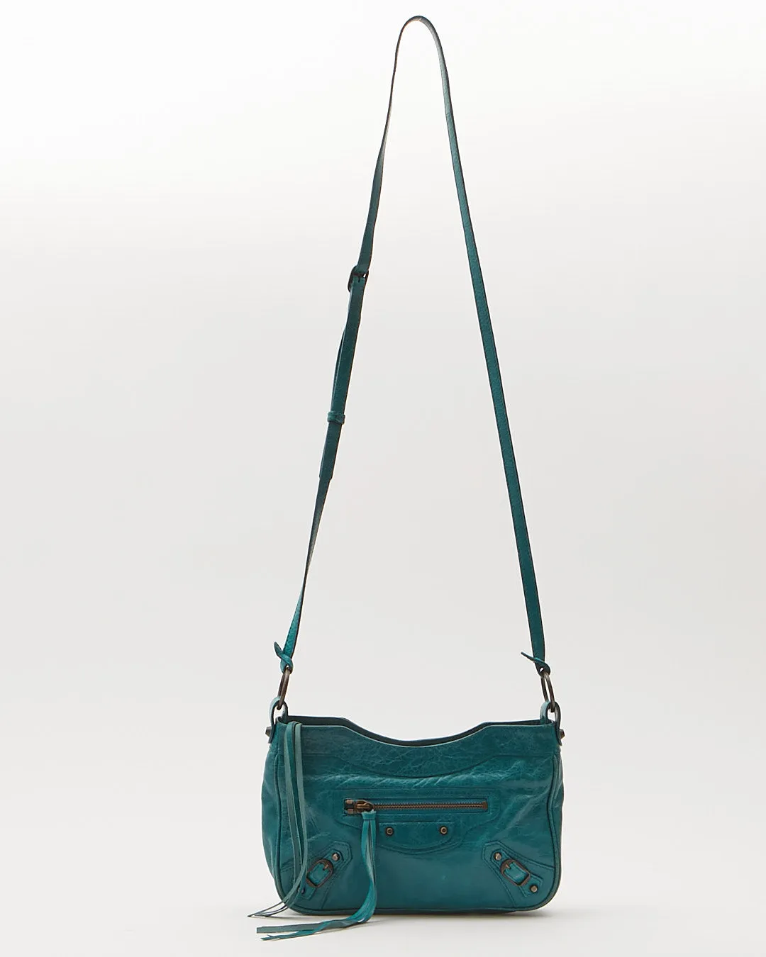 Balenciaga Teal Blue Crinkled Leather Motocross Giant 12 Hip Bag
