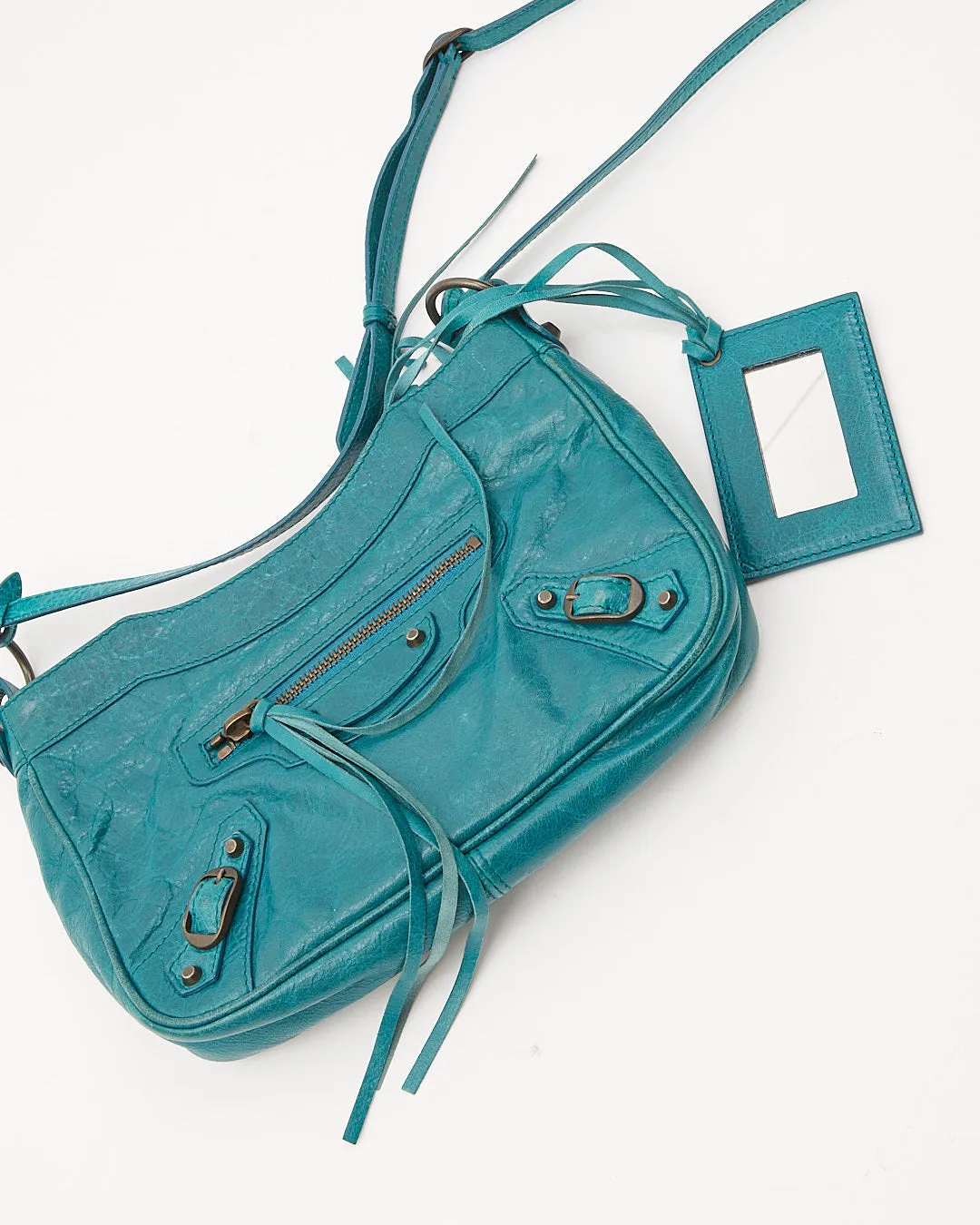 Balenciaga Teal Blue Crinkled Leather Motocross Giant 12 Hip Bag