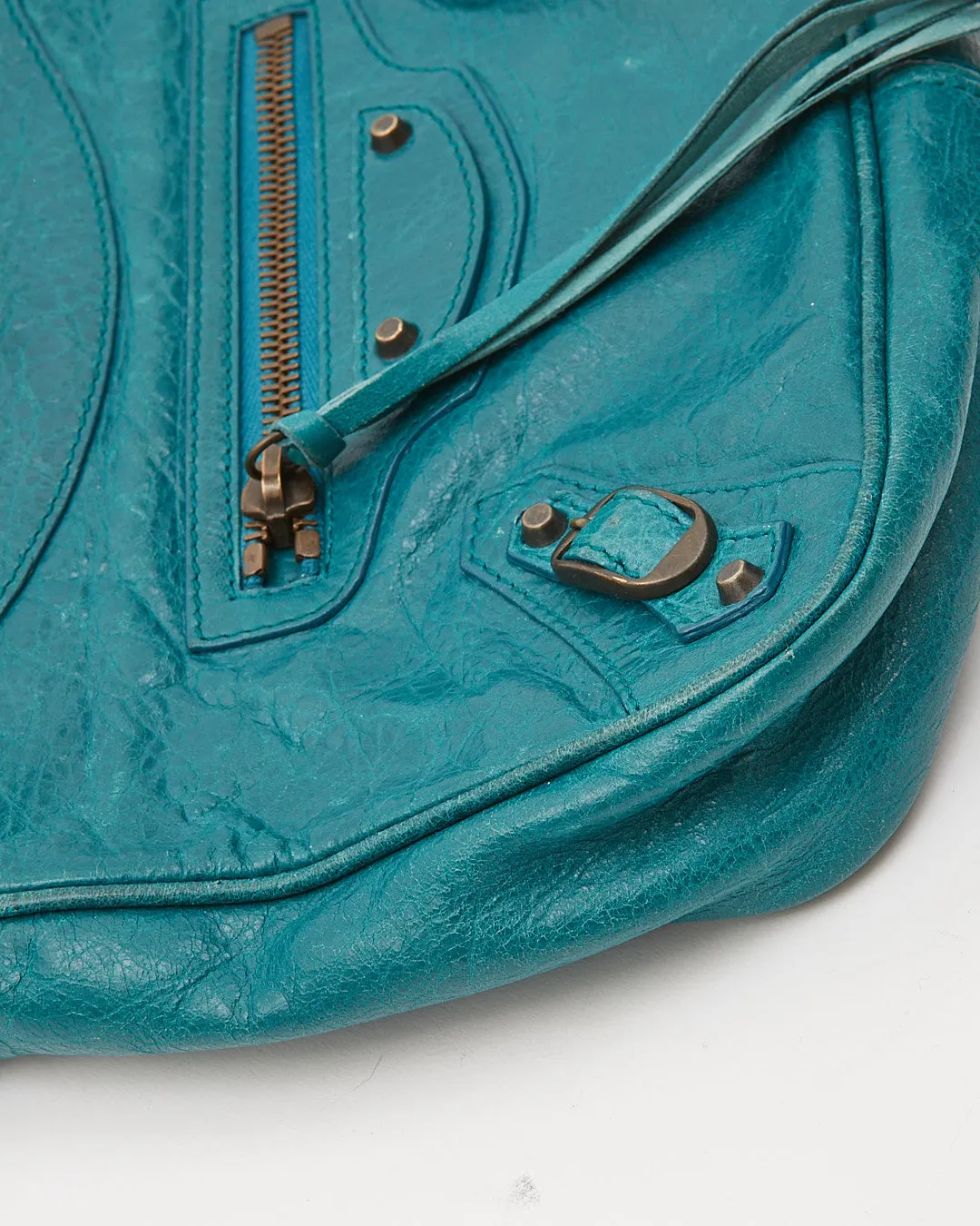 Balenciaga Teal Blue Crinkled Leather Motocross Giant 12 Hip Bag