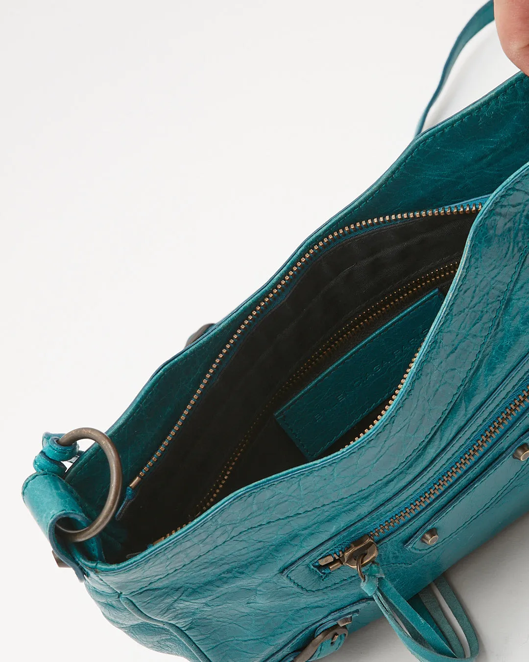 Balenciaga Teal Blue Crinkled Leather Motocross Giant 12 Hip Bag