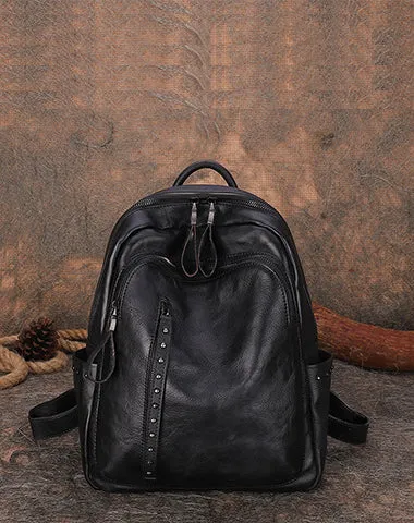 Best Green Leather Rucksack Bag Womens Vintage School Backpack With Rivet Leather Backpack Purse