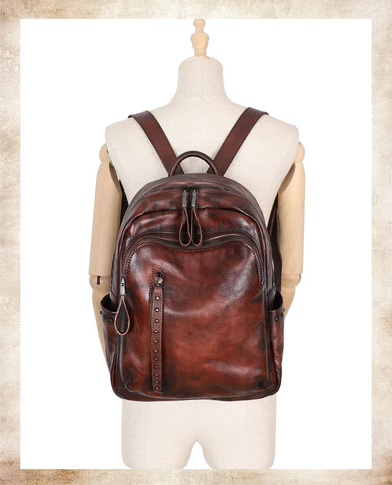 Best Green Leather Rucksack Bag Womens Vintage School Backpack With Rivet Leather Backpack Purse