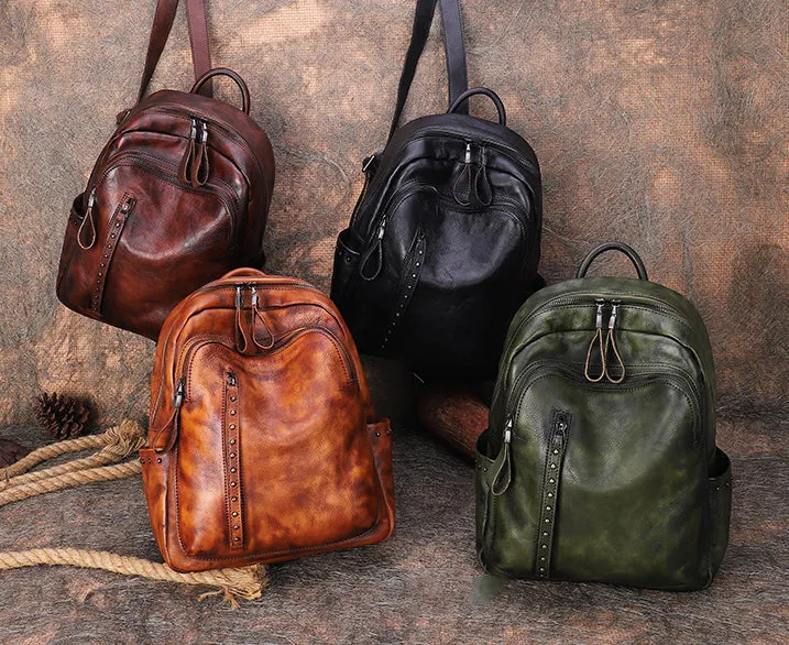 Best Leather Rucksack Bag Womens Vintage School Backpacks With Rivet Leather Backpack Purse