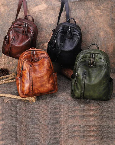 Best Leather Rucksack Bag Womens Vintage School Backpacks With Rivet Leather Backpack Purse