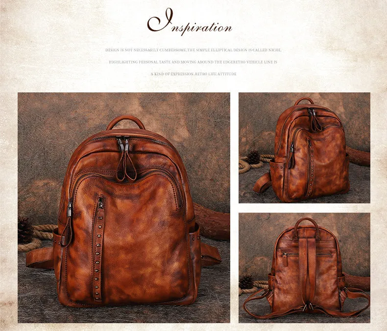 Best Leather Rucksack Bag Womens Vintage School Backpacks With Rivet Leather Backpack Purse