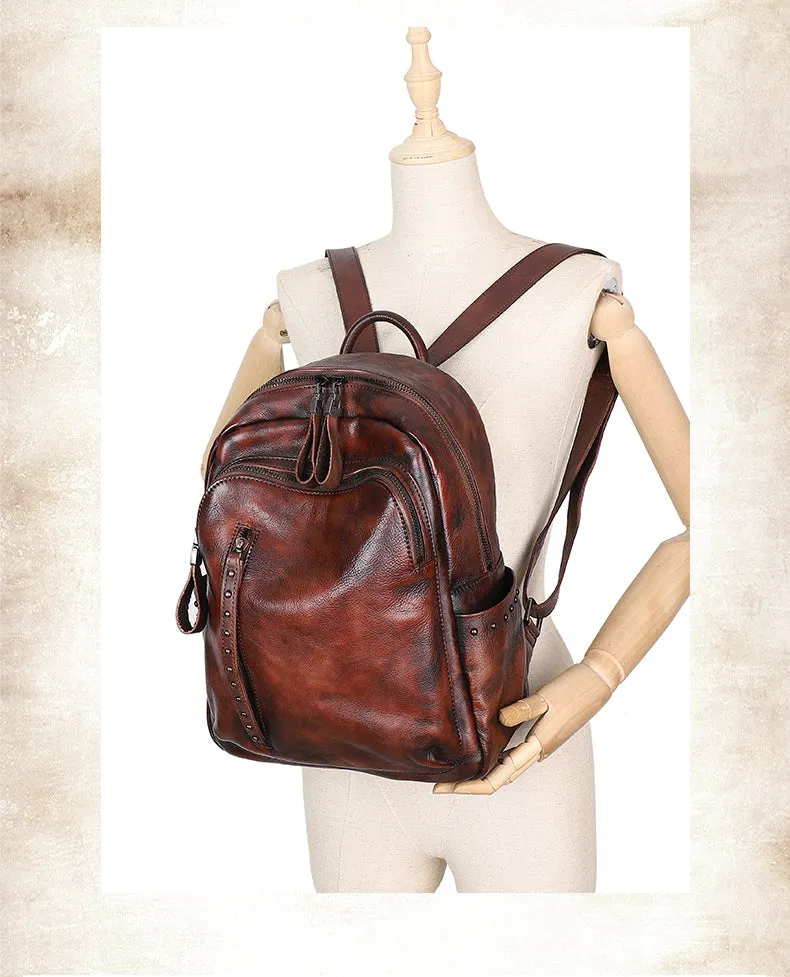 Best Leather Rucksack Bag Womens Vintage School Backpacks With Rivet Leather Backpack Purse