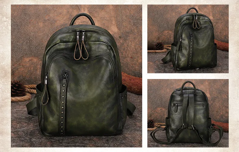 Best Leather Rucksack Bag Womens Vintage School Backpacks With Rivet Leather Backpack Purse