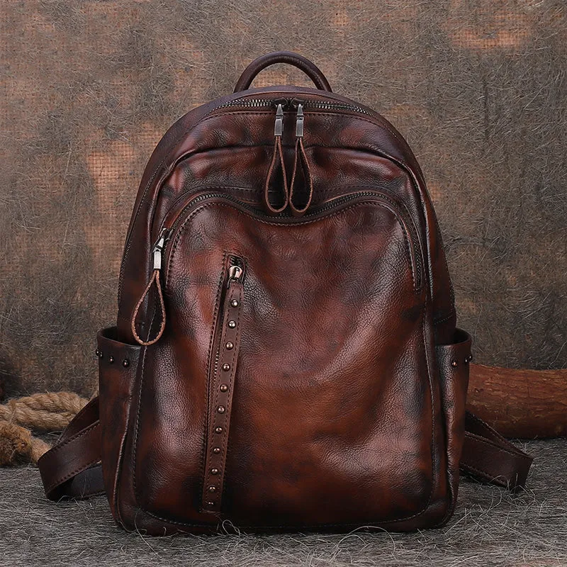 Best Leather Rucksack Bag Womens Vintage School Backpacks With Rivet Leather Backpack Purse