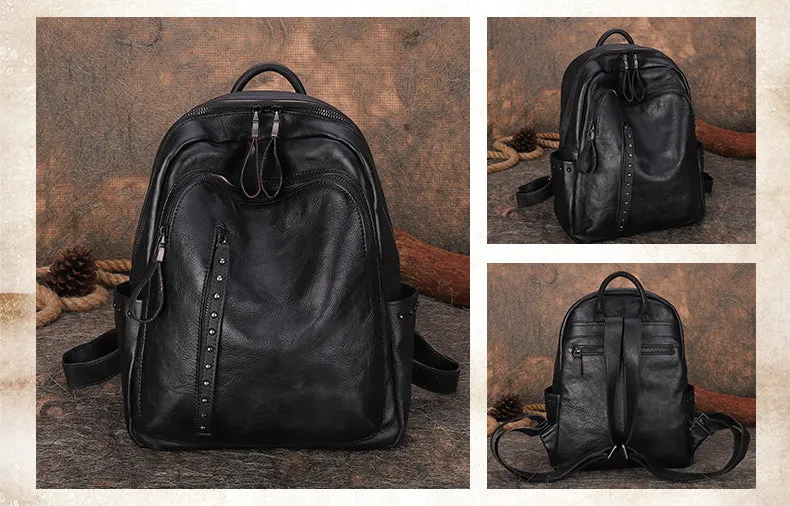 Best Leather Rucksack Bag Womens Vintage School Backpacks With Rivet Leather Backpack Purse