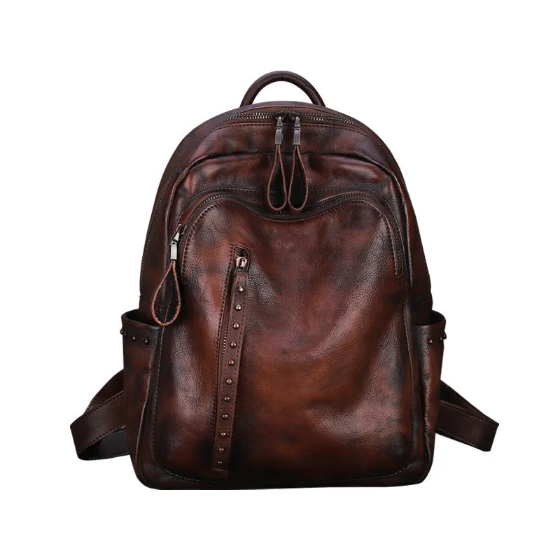 Best Leather Rucksack Bag Womens Vintage School Backpacks With Rivet Leather Backpack Purse