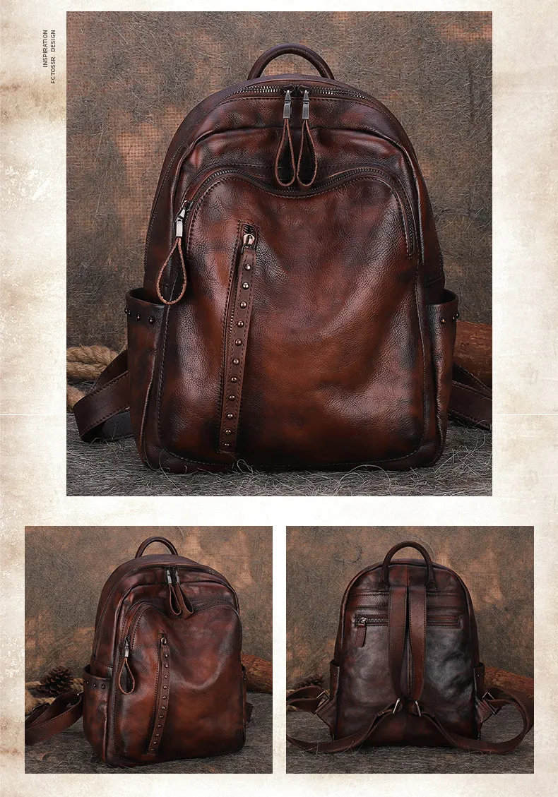 Best Leather Rucksack Bag Womens Vintage School Backpacks With Rivet Leather Backpack Purse