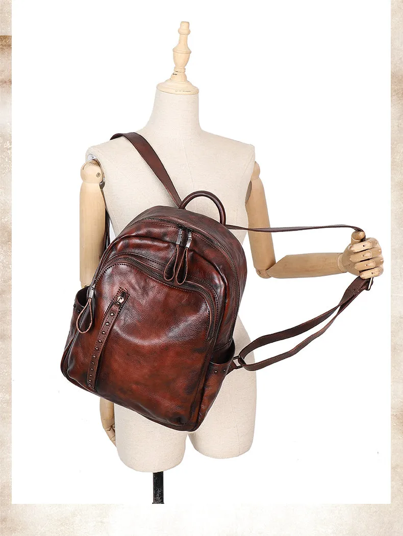 Best Leather Rucksack Bag Womens Vintage School Backpacks With Rivet Leather Backpack Purse