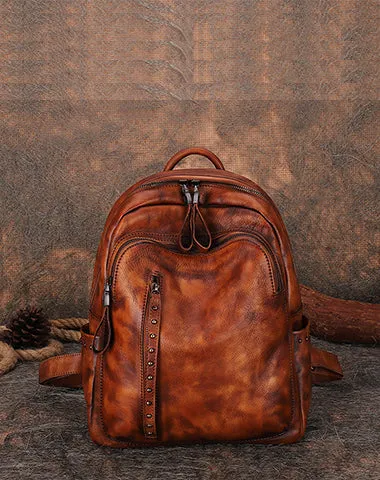 Best Leather Rucksack Bag Womens Vintage School Backpacks With Rivet Leather Backpack Purse