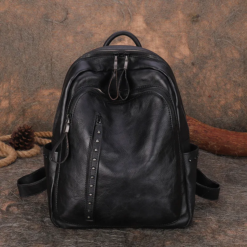 Best Leather Rucksack Bag Womens Vintage School Backpacks With Rivet Leather Backpack Purse