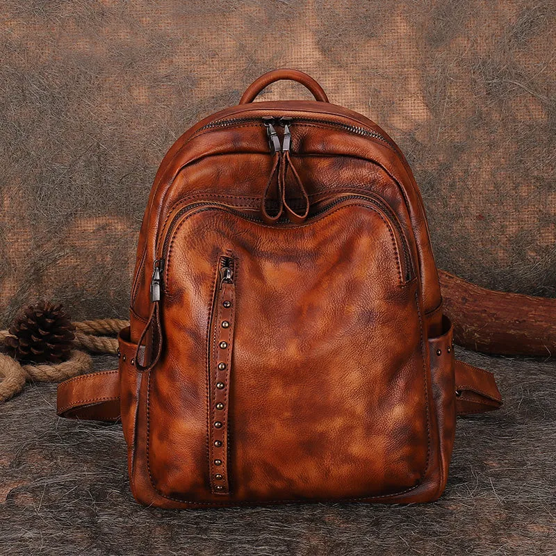 Best Leather Rucksack Bag Womens Vintage School Backpacks With Rivet Leather Backpack Purse