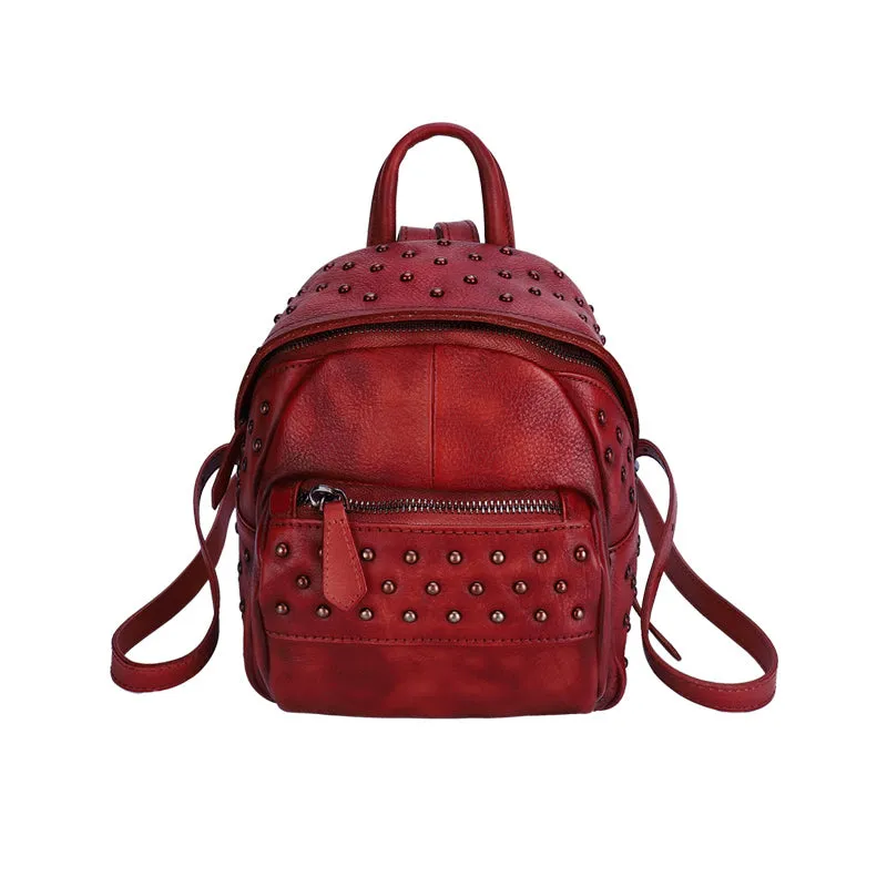 Best Vintage Rivets Leather Rucksack Bag Womens Small School Rucksack Leather Backpack Purse