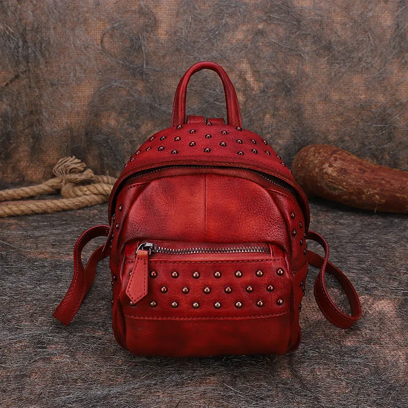 Best Vintage Rivets Leather Rucksack Bag Womens Small School Rucksack Leather Backpack Purse