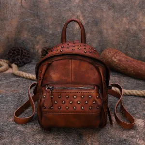 Best Vintage Rivets Leather Rucksack Bag Womens Small School Rucksack Leather Backpack Purse