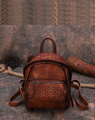 Best Vintage Rivets Red Leather Rucksack Bag Womens Small School Rucksack Leather Backpack Purse