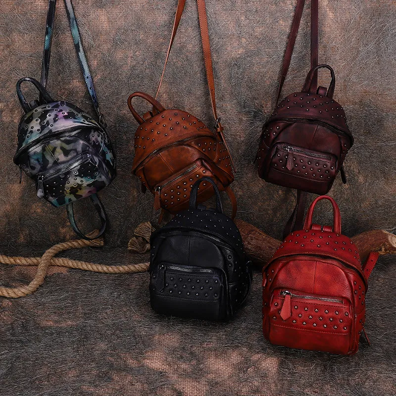 Best Vintage Rivets Red Leather Rucksack Bag Womens Small School Rucksack Leather Backpack Purse