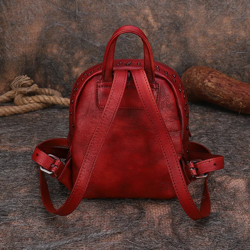 Best Vintage Rivets Red Leather Rucksack Bag Womens Small School Rucksack Leather Backpack Purse