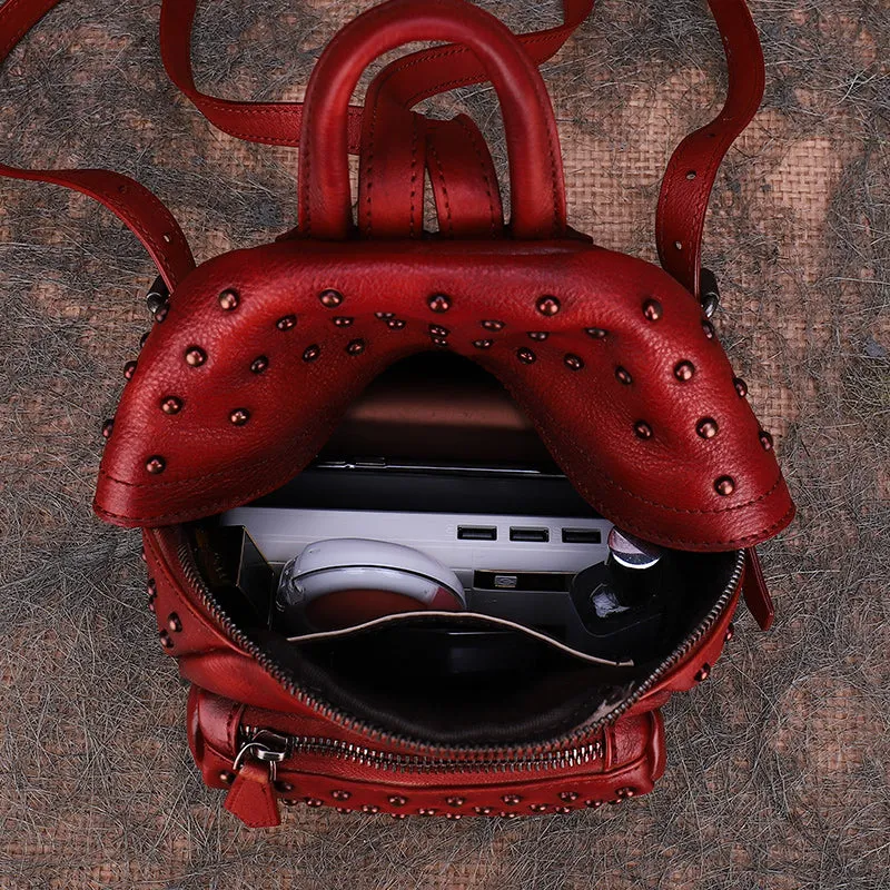 Best Vintage Rivets Red Leather Rucksack Bag Womens Small School Rucksack Leather Backpack Purse