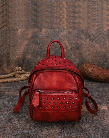 Best Vintage Rivets Red Leather Rucksack Bag Womens Small School Rucksack Leather Backpack Purse