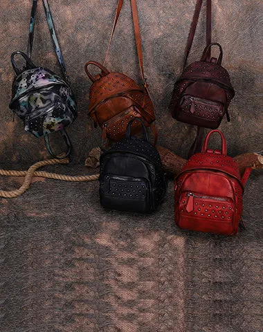 Best Vintage Rivets Red Leather Rucksack Bag Womens Small School Rucksack Leather Backpack Purse