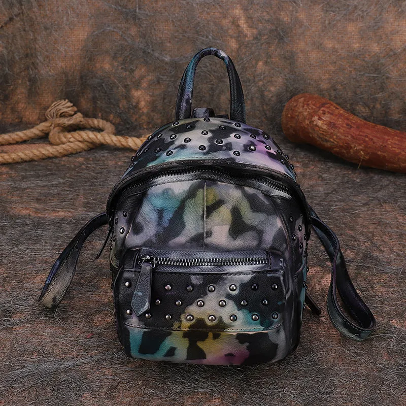 Best Vintage Rivets Red Leather Rucksack Bag Womens Small School Rucksack Leather Backpack Purse