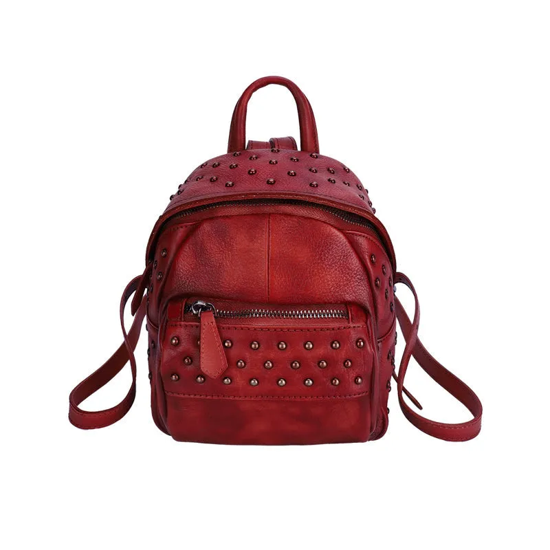 Best Vintage Rivets Red Leather Rucksack Bag Womens Small School Rucksack Leather Backpack Purse