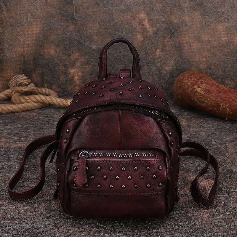 Best Vintage Rivets Red Leather Rucksack Bag Womens Small School Rucksack Leather Backpack Purse