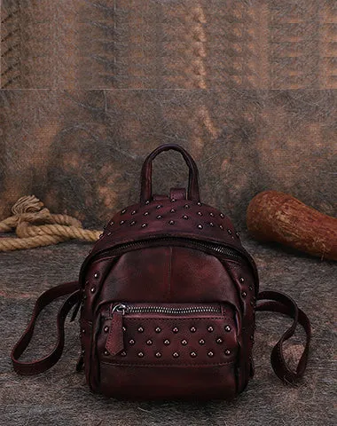 Best Vintage Rivets Red Leather Rucksack Bag Womens Small School Rucksack Leather Backpack Purse
