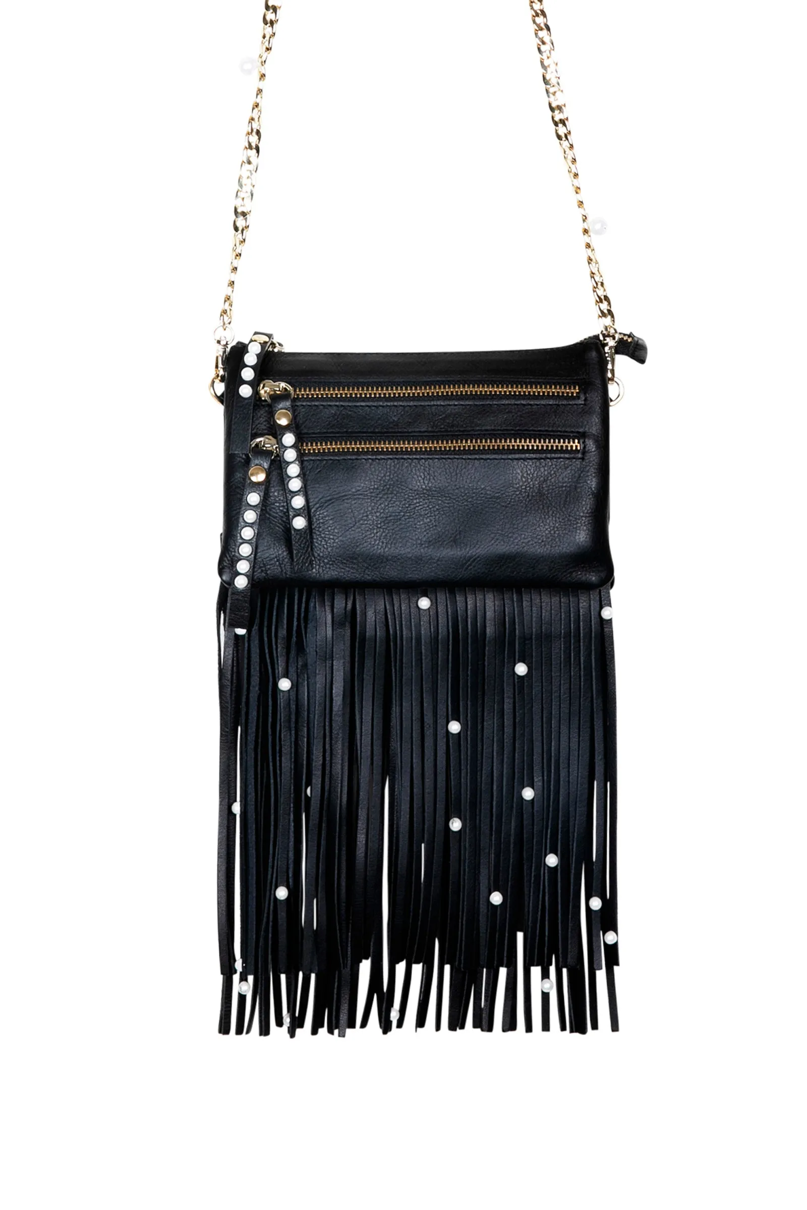 Black Leather Bag with Detachable Tassels