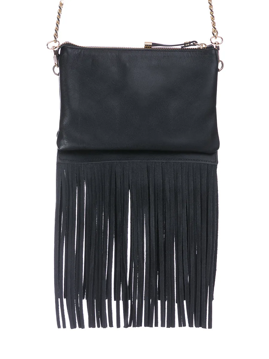 Black Leather Bag with Detachable Tassels
