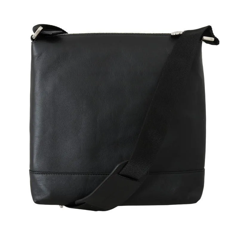 Black Leather Messenger Shoulder Bag