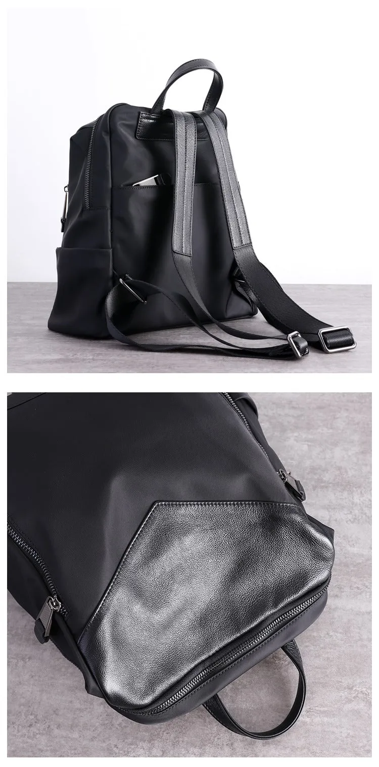 Black Nylon Leather Satchel Rucksack Womens School Backpacks Bag Nylon Leather Travel Rucksack for Ladies
