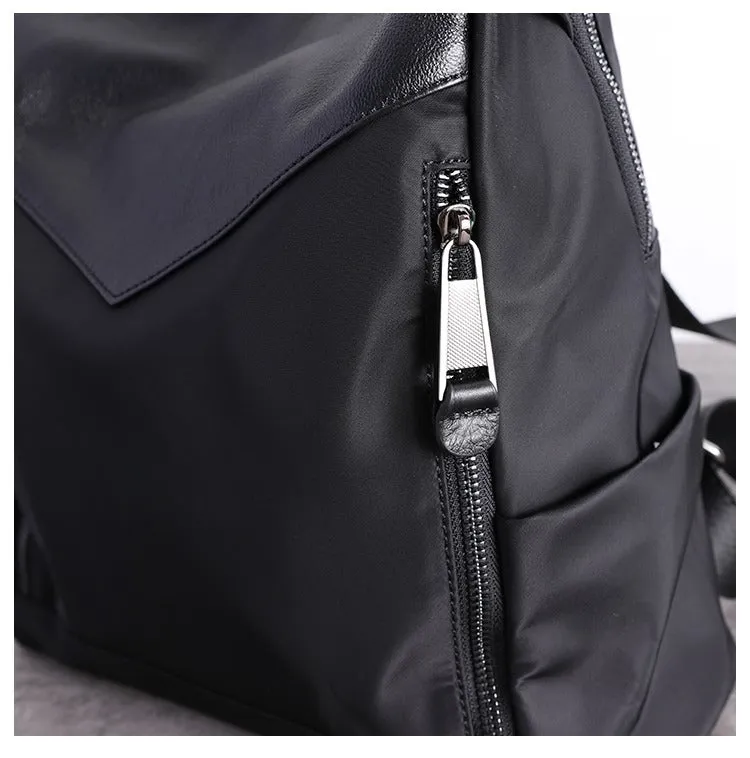 Black Nylon Leather Satchel Rucksack Womens School Backpacks Bag Nylon Leather Travel Rucksack for Ladies