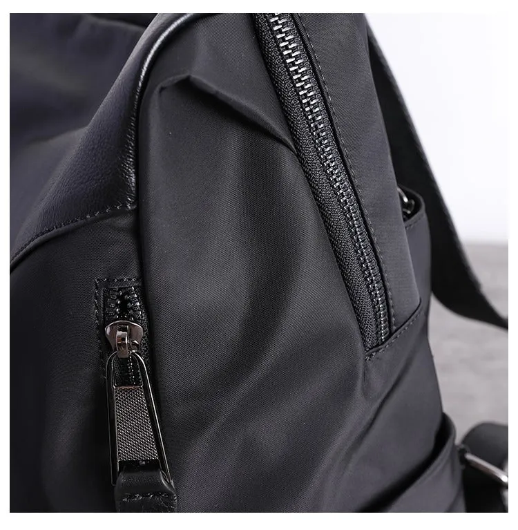 Black Nylon Leather Satchel Rucksack Womens School Backpacks Bag Nylon Leather Travel Rucksack for Ladies