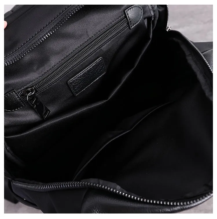 Black Nylon Leather Satchel Rucksack Womens School Backpacks Bag Nylon Leather Travel Rucksack for Ladies
