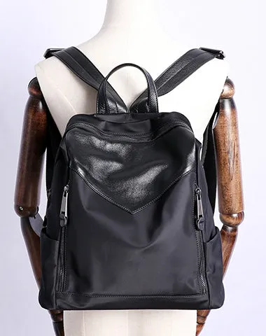 Black Nylon Leather Satchel Rucksack Womens School Backpacks Bag Nylon Leather Travel Rucksack for Ladies
